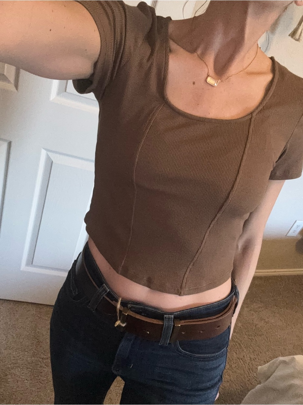 Brown Ribbed Scoop-Neck Crop Top